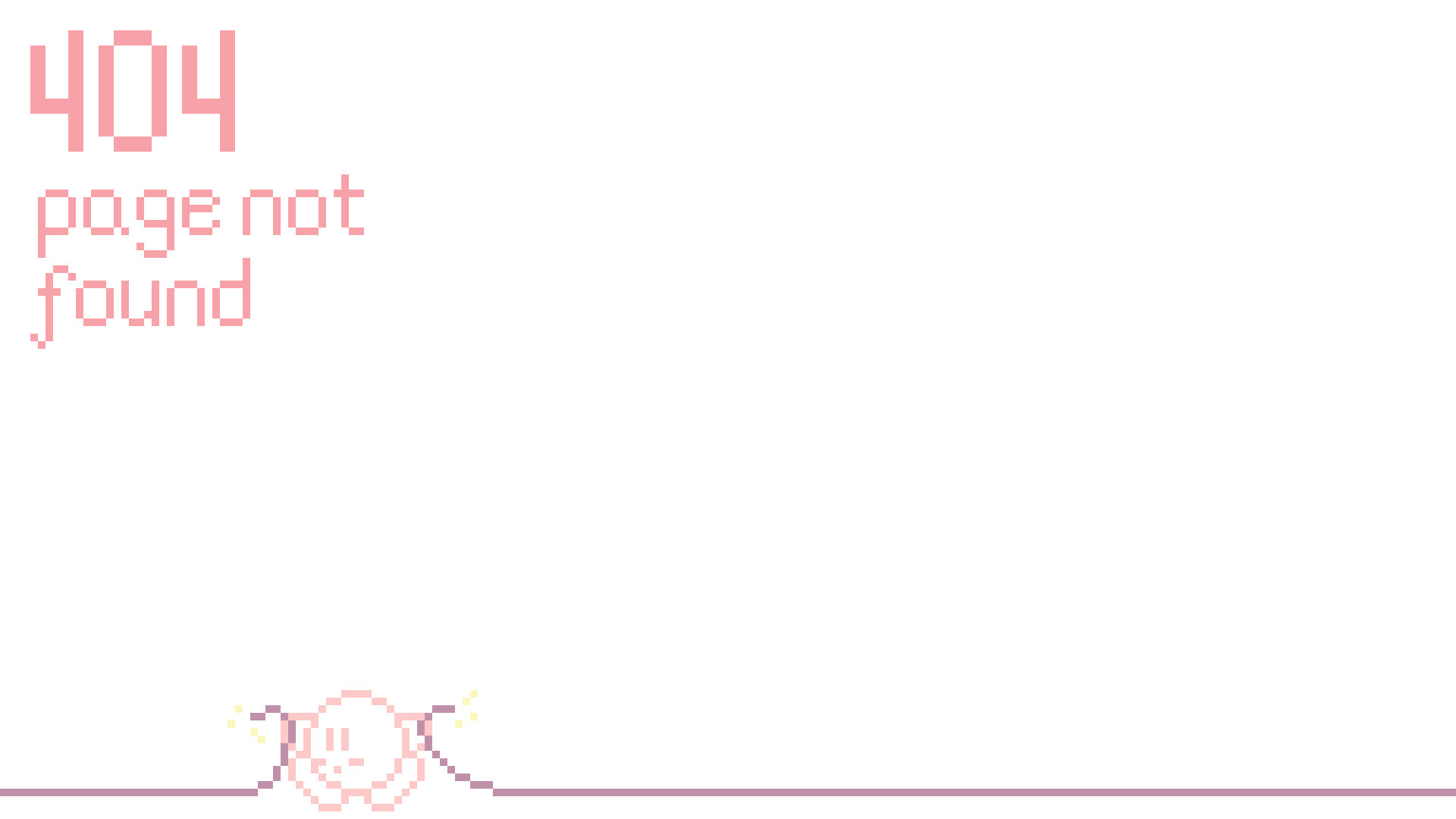 404 Page Not Found, a small pixelated Kirby is sitting at the bottom of the page inspecting a cut sparking wire.